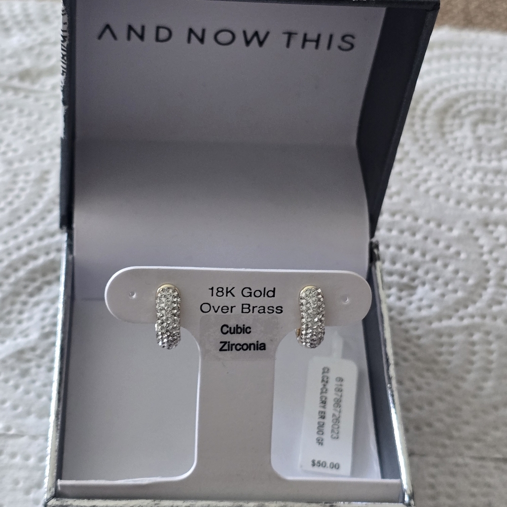 And Now This Women 18K Gold Over Brass Cubic Zirconia Hoop Earrings New
